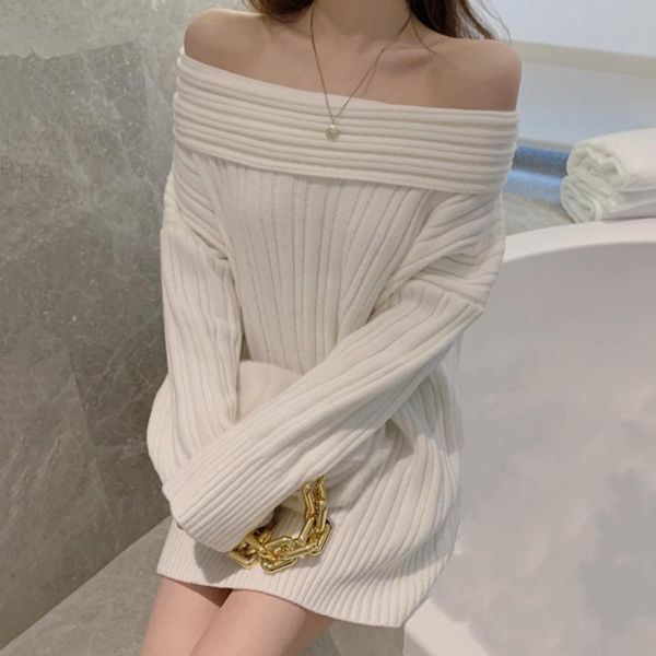 

korean version japanese dress fashion western style knitting casual lazy one word collar long sleeve all-match dresses, Black;gray