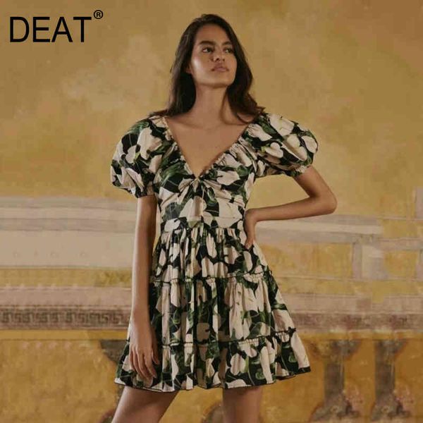 

women black printing edible tree fungus folds dress v-neck short puffsleeve slim fit fashion tide summer 7d0804 210421, Black;gray