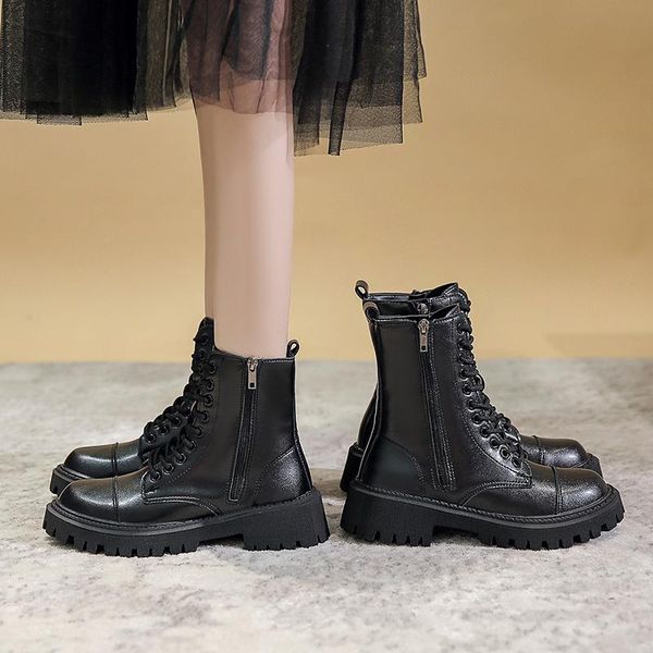 

boots women 2021 shoes zipper flat heel round toe rock leather autumn black rubber ankle summer ladies lolita med solid cot