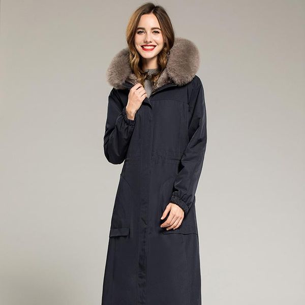 

women's fur & faux 2021 winter jacket women collar long coat female overcoat natural liner parka a247, Black