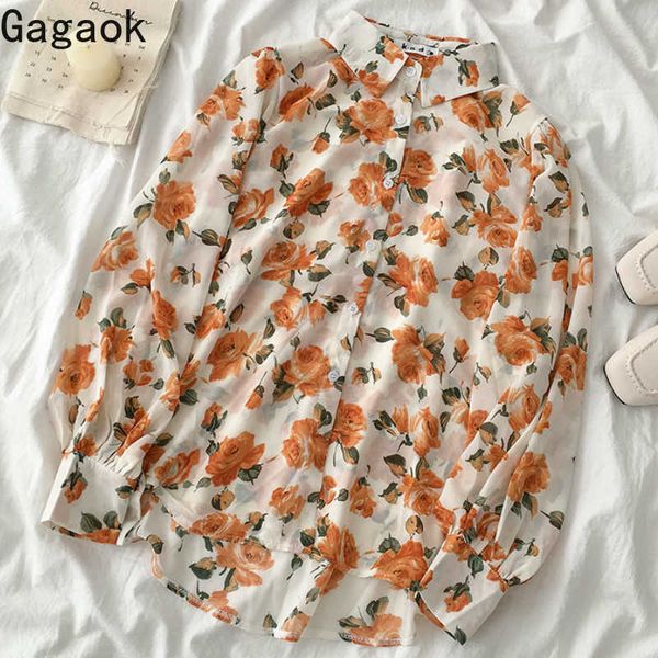

women streetwear blouse spring autumn turn-down collar print full loose wild retro sweet female fashion shirts 210531, White