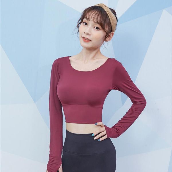 

yoga outfits burgundy ladies long sleeve running shirt naked back t-shirt pure color sports quick-drying gym top, White;red