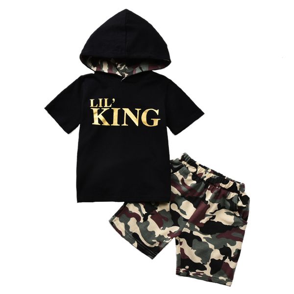 

clothing 1-5y kids boys clothes sets letter camouflage print short sleeve hooded t shirts +shorts 2pcs c0223, White