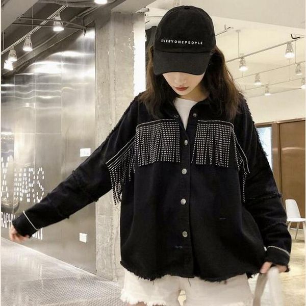 

women's jackets spring autumn covered button jeans outwear black turn-down collar tassels coat denim overcoats women sequined casual ja, Black;brown