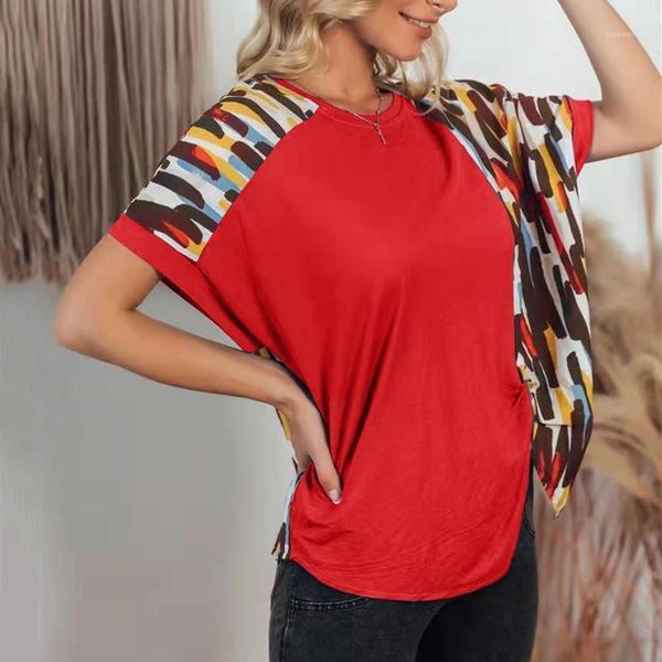 

women's blouses & shirts women's shirt stitching print split elegant short sleeve round neck vintage loose casual blusas mujer, White