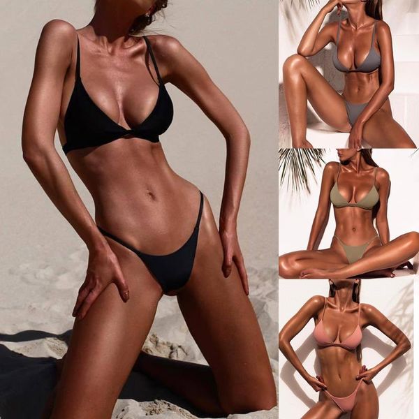 

one-piece suits summer women push up bikini set solid color spaghetti straps bathing suit eye-catching beach swimwear