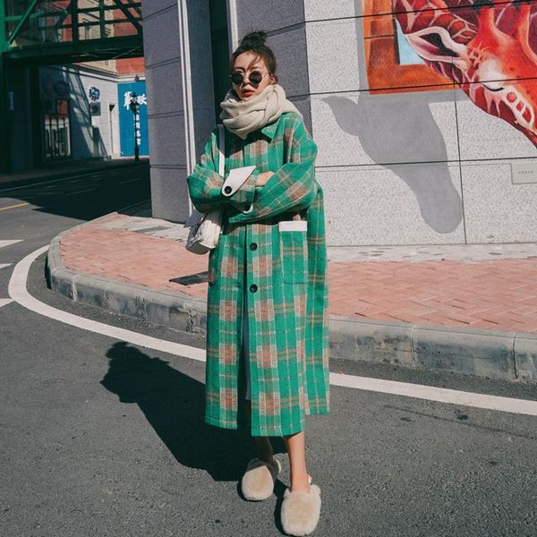 

women's wool & blends autumn fashion classic green plaid trench coat women windbreaker 2021 spring korean office lady femme, Black