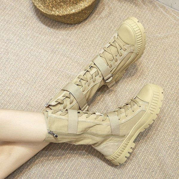

boots women nakle canvas round toe mid heel for woman fashion platform lace up shoes zapatillas mujer size 35-40, Black