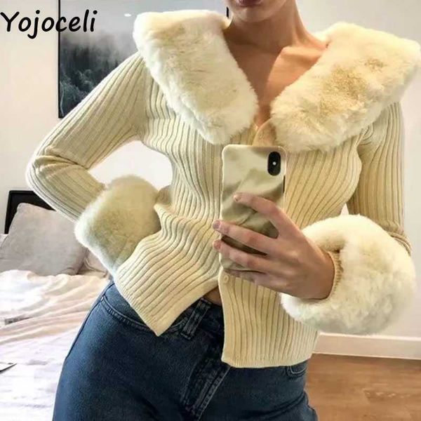 

yojoceli elegant faxu fur knitted women cardigan autumn green sweater female winter casual cool knitting outerwear 210609, White