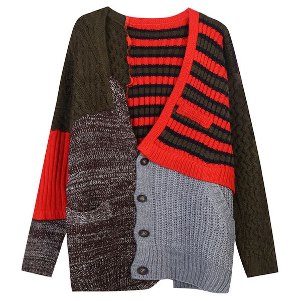 

women's jackets vinatge christmas chic clothes autumn winter women long-sleeved v-neck contrast striped thick loose knit cardigan jacke, Black;brown