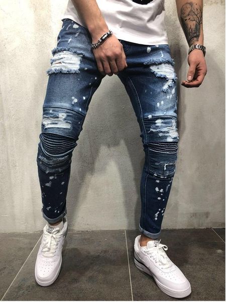 

men's jeans men stretchy ripped skinny moto & biker embroidery print destroyed hole slim fit denim pencil jean working clothes fypg, Blue