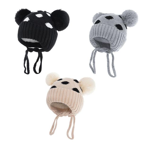 

caps & hats winter knitted baby hat with double pompoms cute dot infant born beanies plush lining kids bonnet accessories 0-1y, Yellow