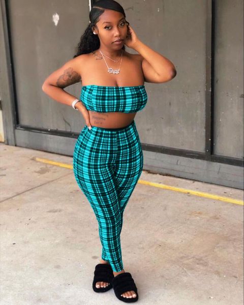 

women's two piece pants summer plaid set women fashion print tube trousers, White