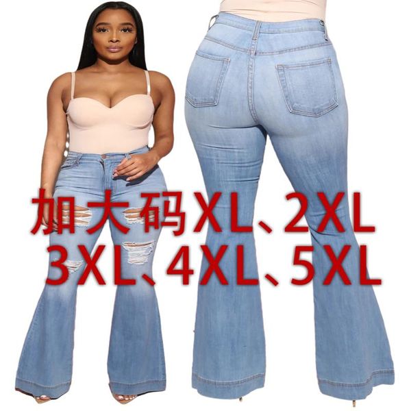 

european and american fashion knee hole slim denim stretch plus size fat mm flared pants women's jeans, Blue