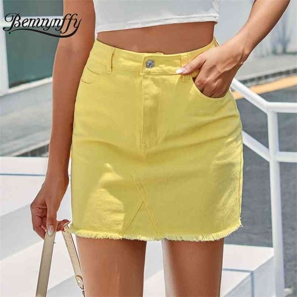 Botão Fly Hem cru amarelo Denim Saia Mulheres Primavera Verão A-Linha Bodycon S Feminino Cintura High Cintura Mini 210510