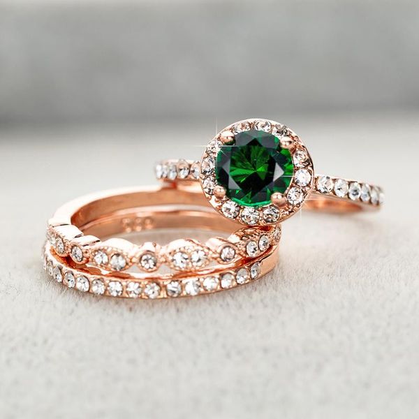 

3pcs/set green stone crystal engagement rings for women rose gold zircon vintage bridal wedding ring jewelry, Slivery;golden