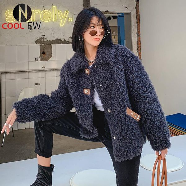 

women's fur & faux ptslan 2021 genuine shearing outerwear short winter fashion button lady's original wool coat soft good quality, Black