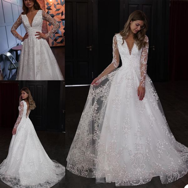 

2021 a line wedding dresses plus size bridal gowns v neck long sleeve lace appliques covered button vestios de novia, White