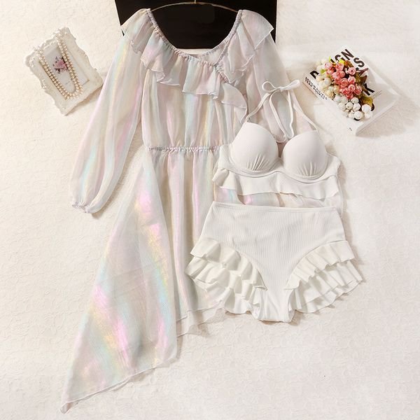 

swimwear colorful streamer yarn design feeling slightly transparent, covering belly and showing thin split body swimsuit woman, White;black