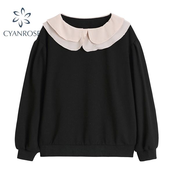 

loose rok black blouses and shirts for woman chiffon long sleeve stylish ol double-layer ladies casual pullover blusas 210515
