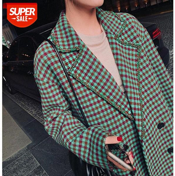 

europe station green plaid woolen coat women's loose western beaded #bb8x, Black