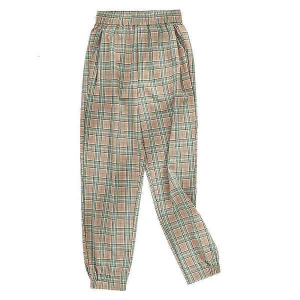 

plaid contrast elastic pants for female students, Black;white