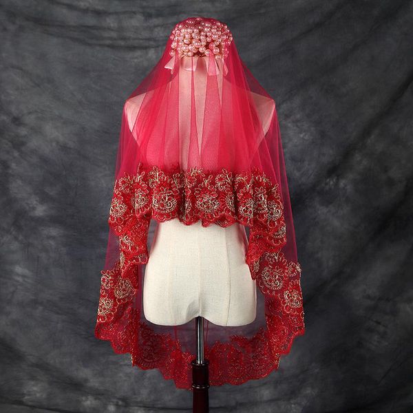 

bridal veils 1.5m 2m 3 meters long red wedding 2021 with gold appliques saudi arabic short velo comb vail accessories, Black