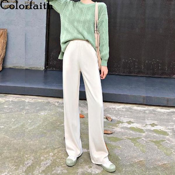 

women's pants & capris colorfaith 2021 spring winter women straight high elastic waist loose pockets soft casual knitting long trousers, Black;white