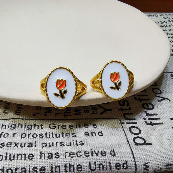 

french temperament fashion enamel tulip brass gold plated opening adjustable ring, Silver