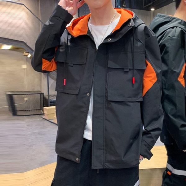 

men's jackets fashion hooded jacket korean style loose sports workwear spring and autumn contrasting color sportswear men, Black;brown