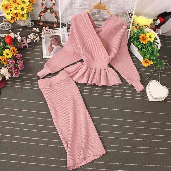 

autumn and winter v-neck long-sleeved sweater women's all-match waist thin mid-length skirt two-piece suit uk027 210507, White