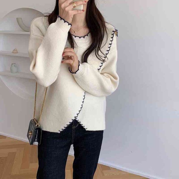 

comelchic women fashion retro criss-cross o-neck knitwear sweater elegant loose casual solid soft korean pullovers 210515, White;black