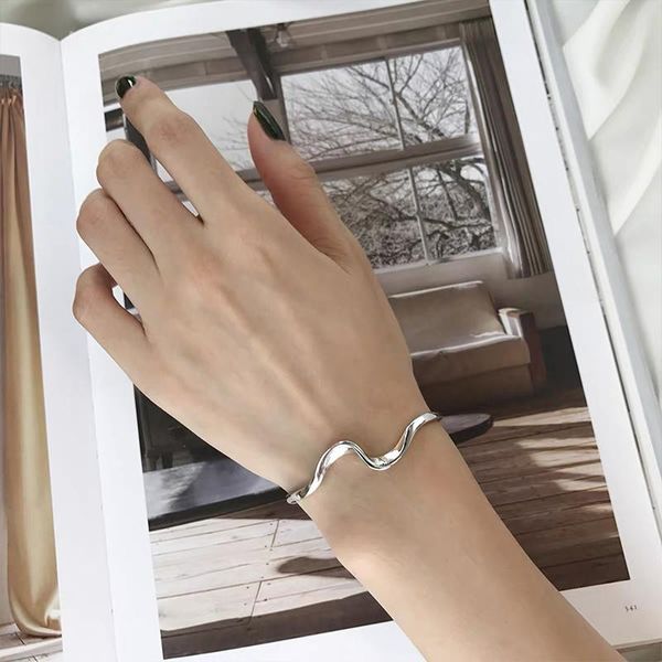 

bangle korean style open cuff wave shape s925 sterling silver wavy bracelet for women jewelry, Black