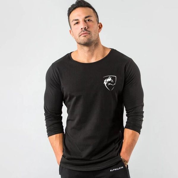 

men's t-shirts casual long sleeves t-shirt autumn men gym fitness male running workout cotton print o-neck t shirt slim tee brand clot, White;black