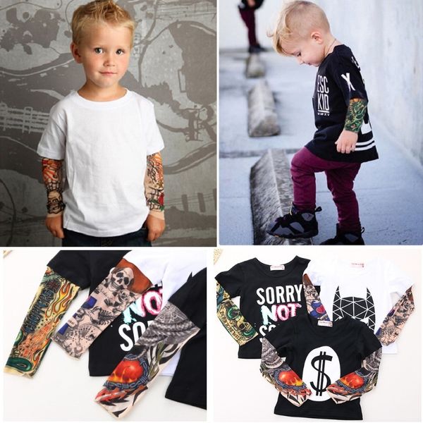 Streetwear Hip-Hop Fake Tattoo Sleeve Baby Boy T-Shirts Mode Mädchen Kleidung Neuheit Kinder Kleidung Shirts Tops 100% Baumwolle 210413