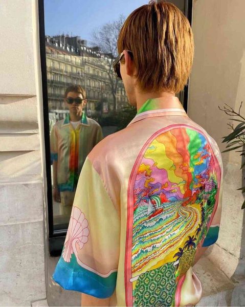 

new casablanca lucid dreams island scenery color temperament satin short sleeve shirt, White;black