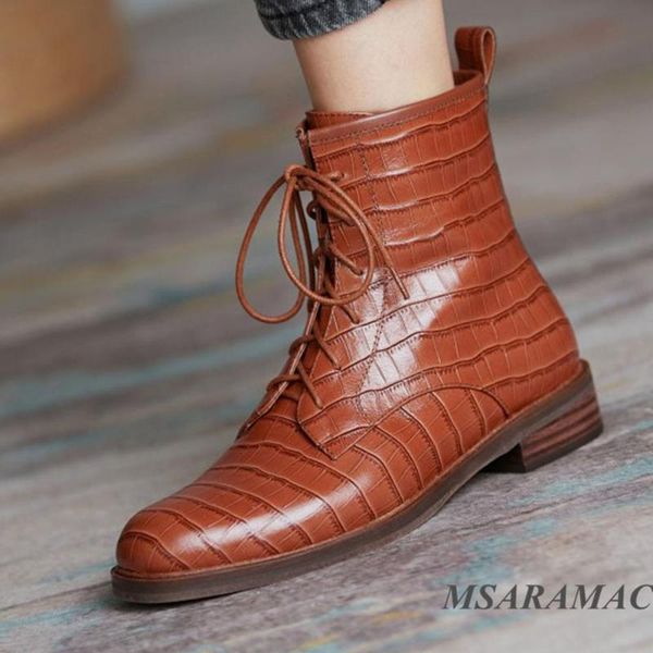

boots caramel color stone print short winter fashion round toe ladies personalized leather retro style shoes, Black