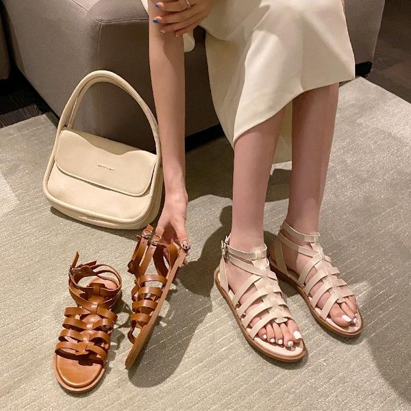 

sandals women gladiator shoes flat heel ankle strap genuine quality rome shoe for woman, Black