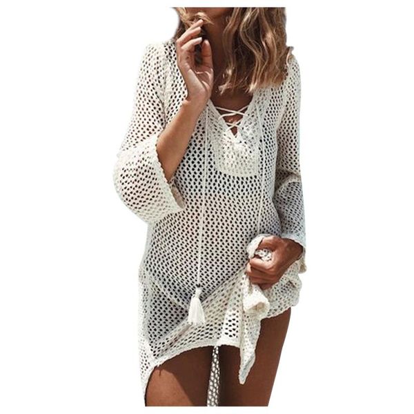 

women bikini cover up fishnet hollow out lace-up front long sleeve swimsuit coverups summer beach mini dress sundress women's swimwear, White;black