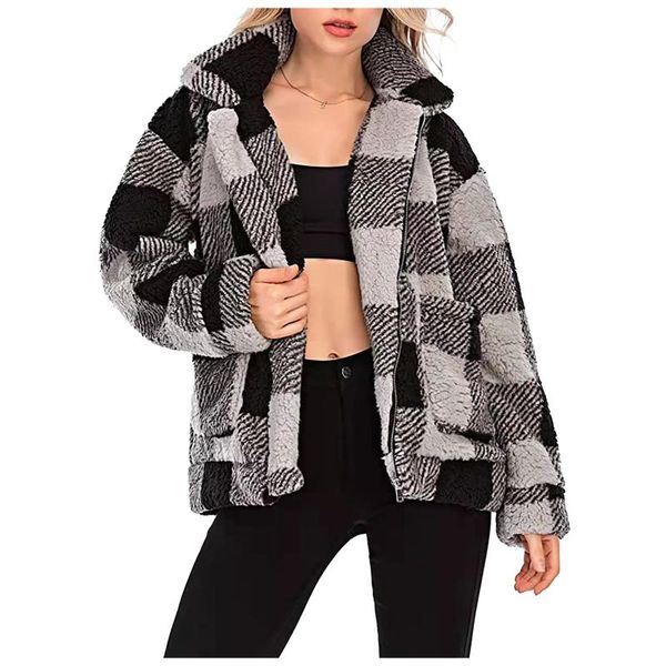 

women's wool & blends plush jacket coat 2021 fashion lapel long sleeve cardigan for female pocket stitching outerwear chic korean, Black
