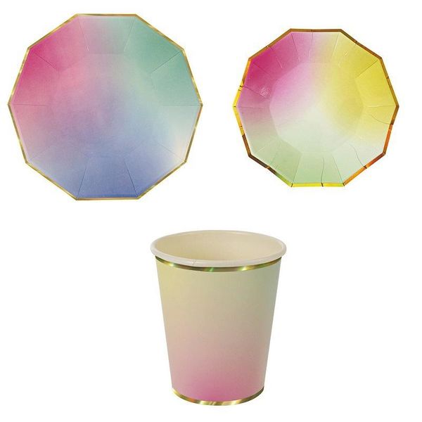 

disposable dinnerware rainbow gradient tableware sets gold foil paper plate cups theme festival for baby shower birthday party supplies
