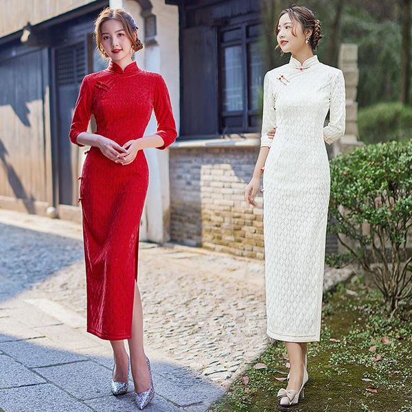 

ethnic clothing red slim chinese vintage qipao young women lace beaded cheongsam sweet bride wedding dress long gown autumn vestidos