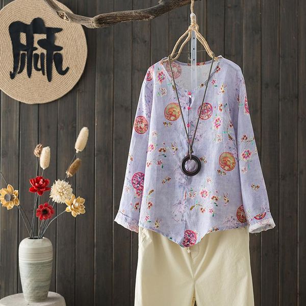 

women's t-shirt spring ethnic retro printing floral t shirt for woman long sleeve irregular cotton and linen elegant purple tees, White