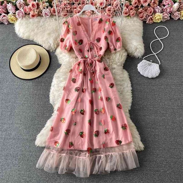 

sweet pink mesh dress women summer v-neck puff sleeve bow tie sequined strawberry plus size s-xxl 210602, Black;gray