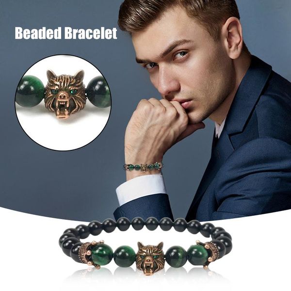 

link, chain beaded bracelet with aritificial animal head natural stone crown accessory personality unique punk style for men endq, Black