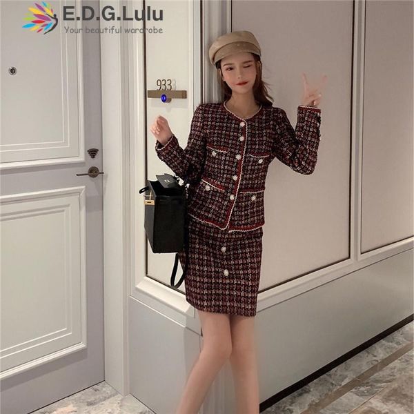 

two piece dress edglulu 2021 autumn winter red tweed set 2 women plaid skirt fashion elegant pieces, White