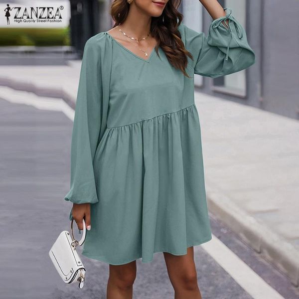 

casual dresses bohemian women dress 2022 summer retro puff sleeve solid mini vestidos lady v-neck loose oversize party sundress 7, Black;gray