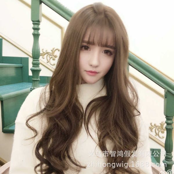 

net red female long curly big wave wig korean air bangs curl, Black