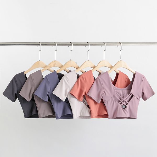 

yoga women's sports t-shirt with chest cushion tight navel vest quick dry running short sleeve fitness clothes top, Gray