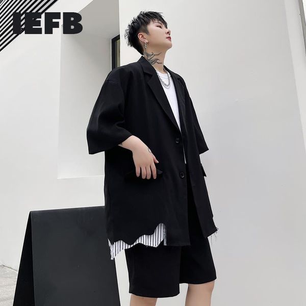 

iefb summer hem stripe patchwork causal blazers men's short sleeve single breasted suit coat oversized clothing 9y6904 210524, White;black
